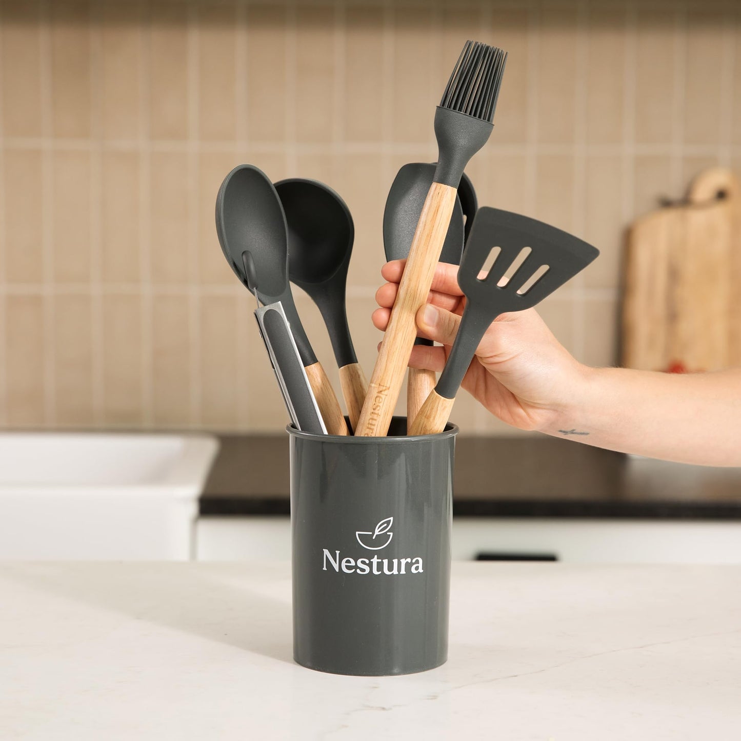 Compact Silicone Kitchen Utensil Set by Nestura, 12-Piece Cooking Utensils with Holder, BPA-Free Heat Resistant Tools with Beechwood Handles for Small Kitchens, Apartments, RVs, Dorms & Gifting