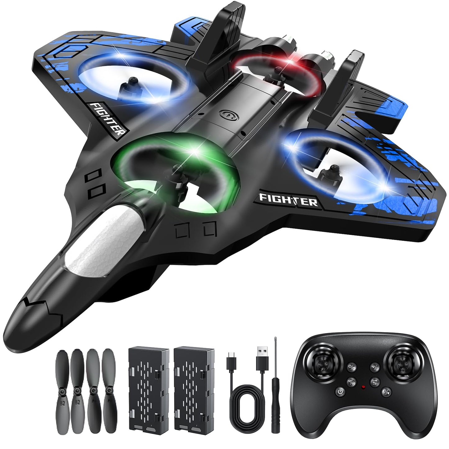 Lovovia Foam Remote Control Airplanes, RC Planes with Light, RC Airplane Fighter Jet for Kids Adults 8-16, 360° Flip, Stunt Roll, Drones for Kids 8-12, Airplane Toy Gifts for Kids Boys(Blue)