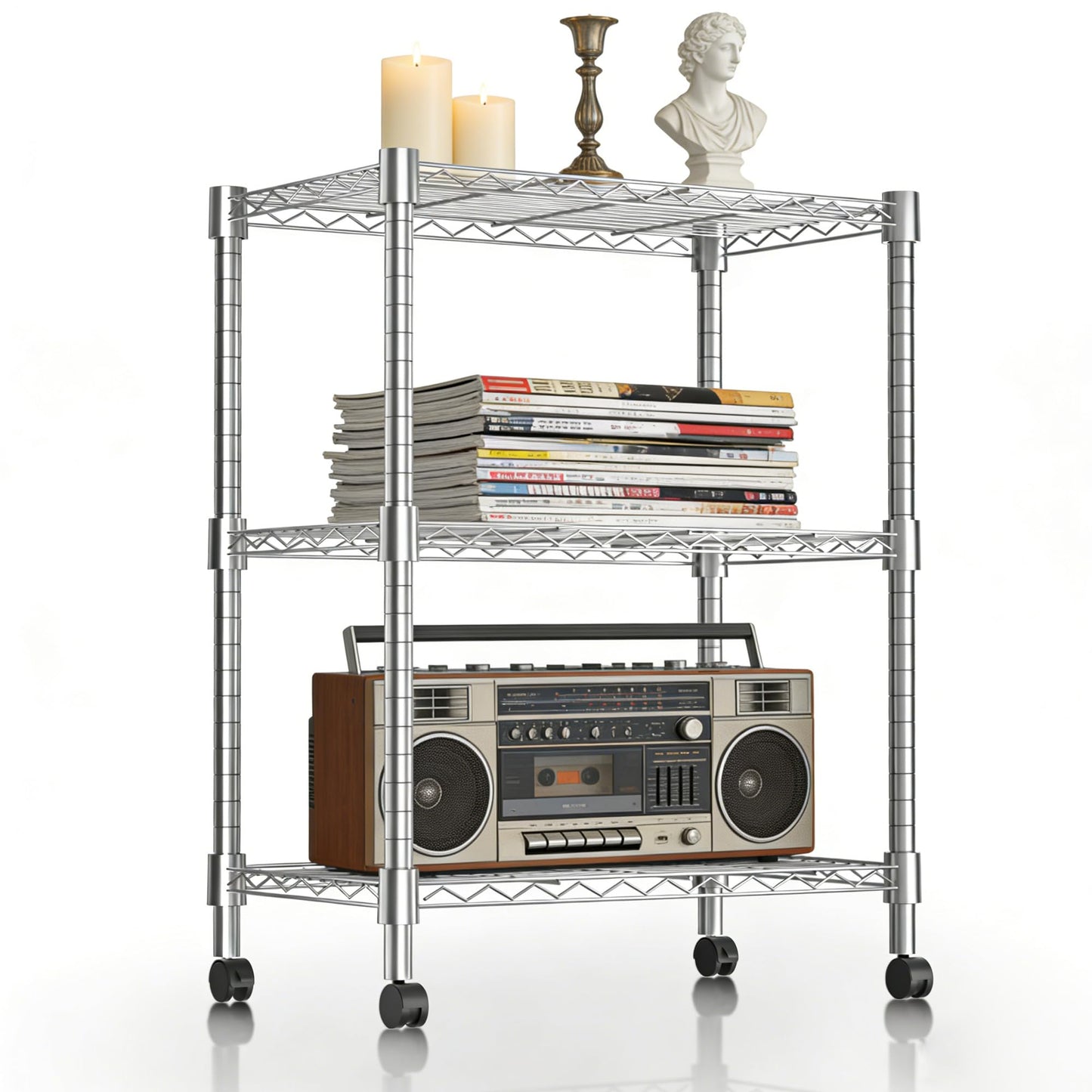 Xcity Storage Shelves, 3 Tier Heavy Duty Metal Shelving Unit with Wheels, 1050 LBS Adjustable Steel Wire Shelf for Commercial, Pantry, Kitchen, Garage, 14" D x 24" W x 30" H, Chrome