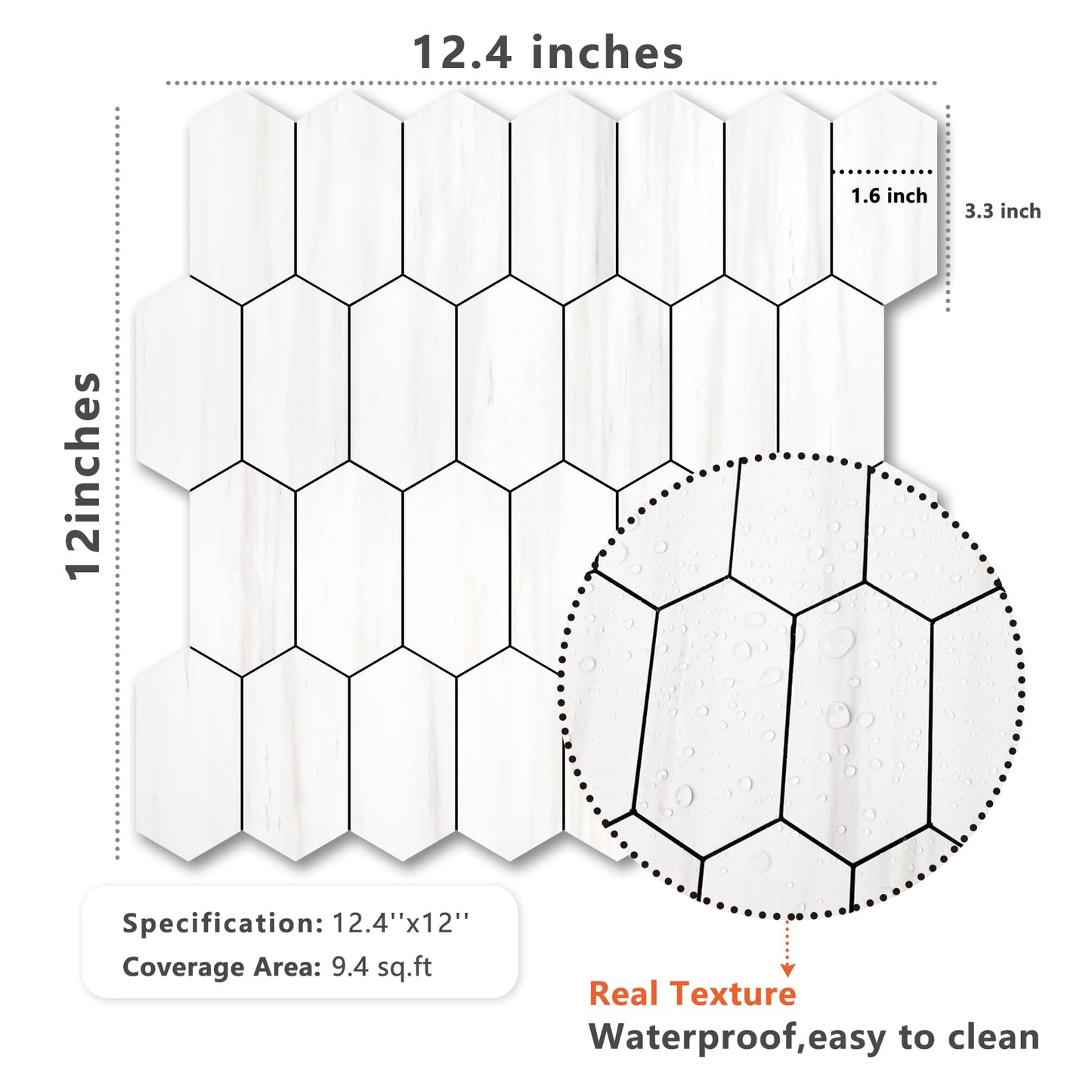 Vamos Tile Long Hexagon Peel and Stick Backsplash Tile - 10 Sheets Stick on Backsplash for Kitchen and Bathroom 12.4 x 12 Inch Dolomite Marble Look PVC Self Adhesive Mosaic Wall Tiles