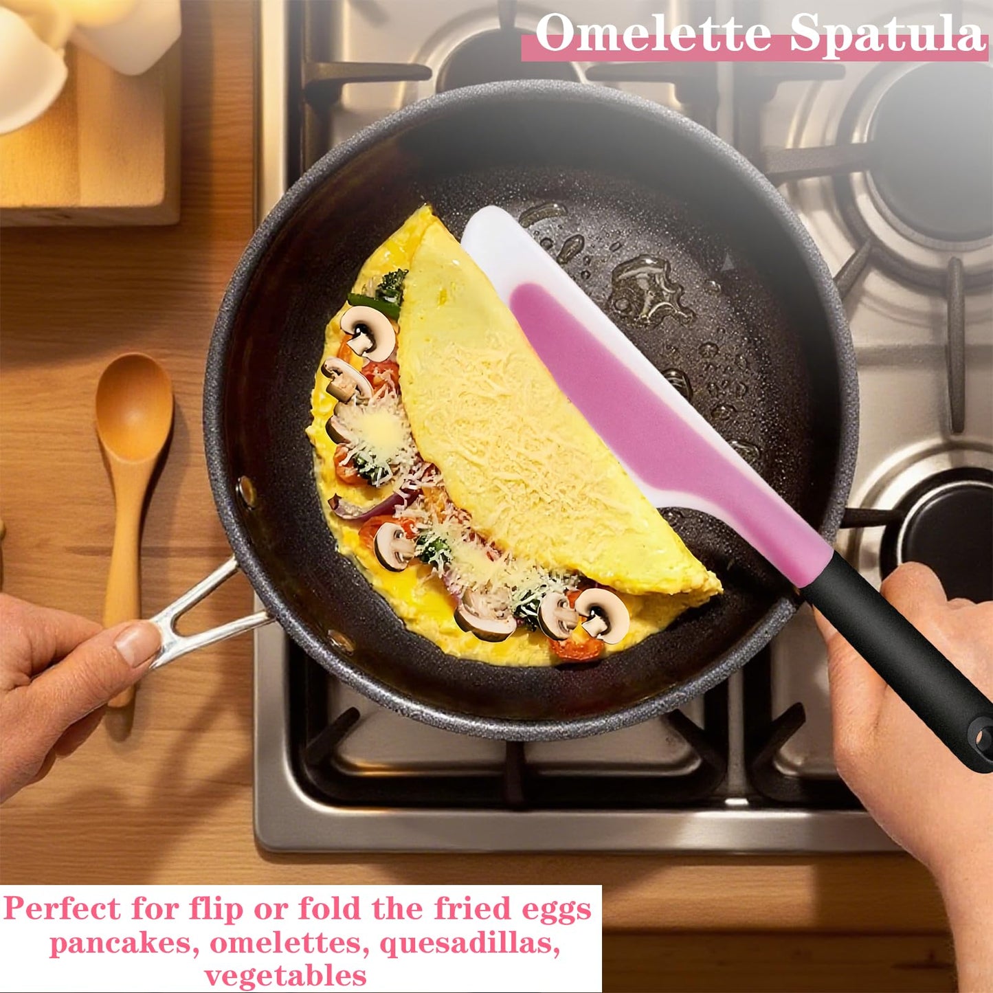 Bigwinyep Omelette Spatula, Silicone Spatula Flip and Fold Omelette Turner for Kitchen Omelet Pancake Crepes,Pink