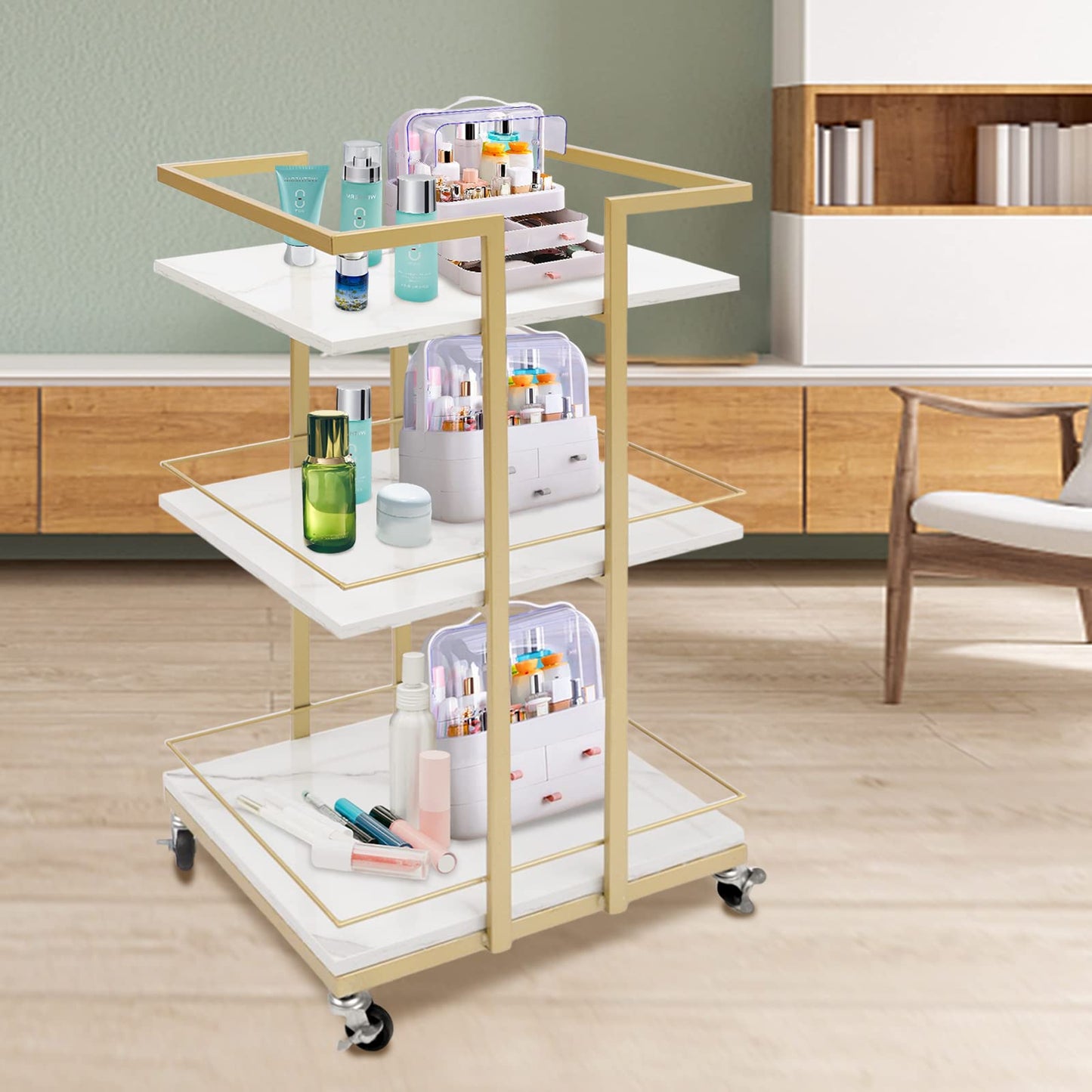 TFCFL 3-Tier Rolling Bar Cart, Utility Manicure Trolley Metal Storage Rolling Barber Cart with Wheels Multi-Purpose Rack Heavy-Duty Trolley,Serving Cart for Kitchen Bar Club Restaurant