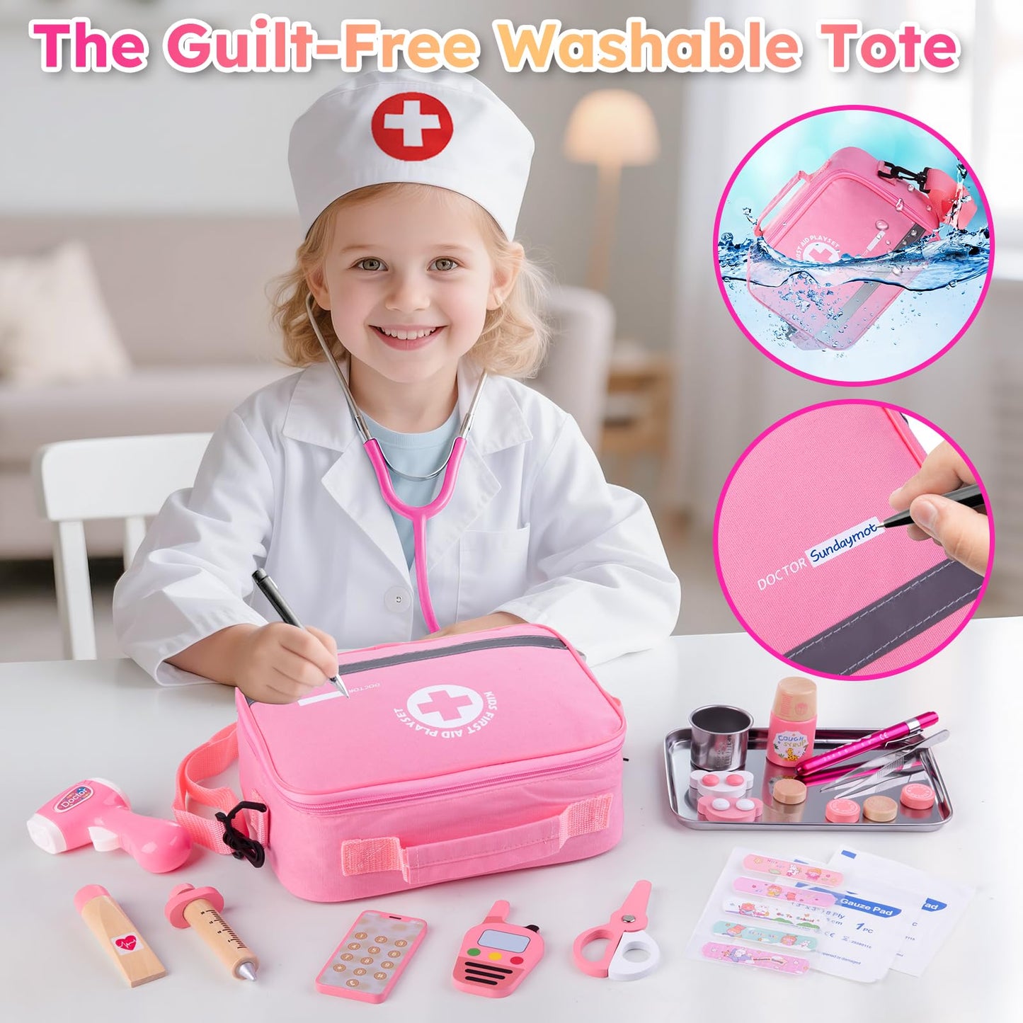 Sundaymot Doctor Kit for Girls, 34 Pcs Doctor kit for Toddlers 3-5 with Medical Storage Bag & Real Stethoscope Pretend Play Doctor Set, Doctor Play Gift for Kids Toddlers Role Play