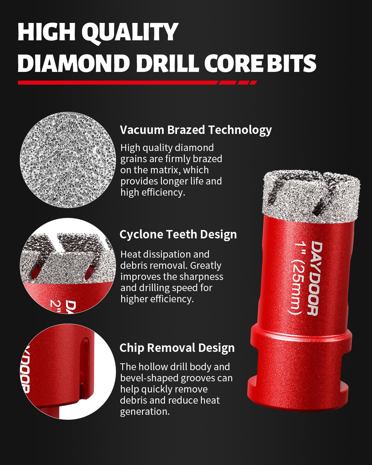 DAYDOOR Diamond Hole Saw Kit, 11-PieceTile Hole Saw Kit 1/4" 5/16" 4/5" 1" 1-3/8" 2" 2-1/2" 4",Vacuum Brazed Core Drill Bits for Porcelain Tile, Granite, Marble, Stone(Red)
