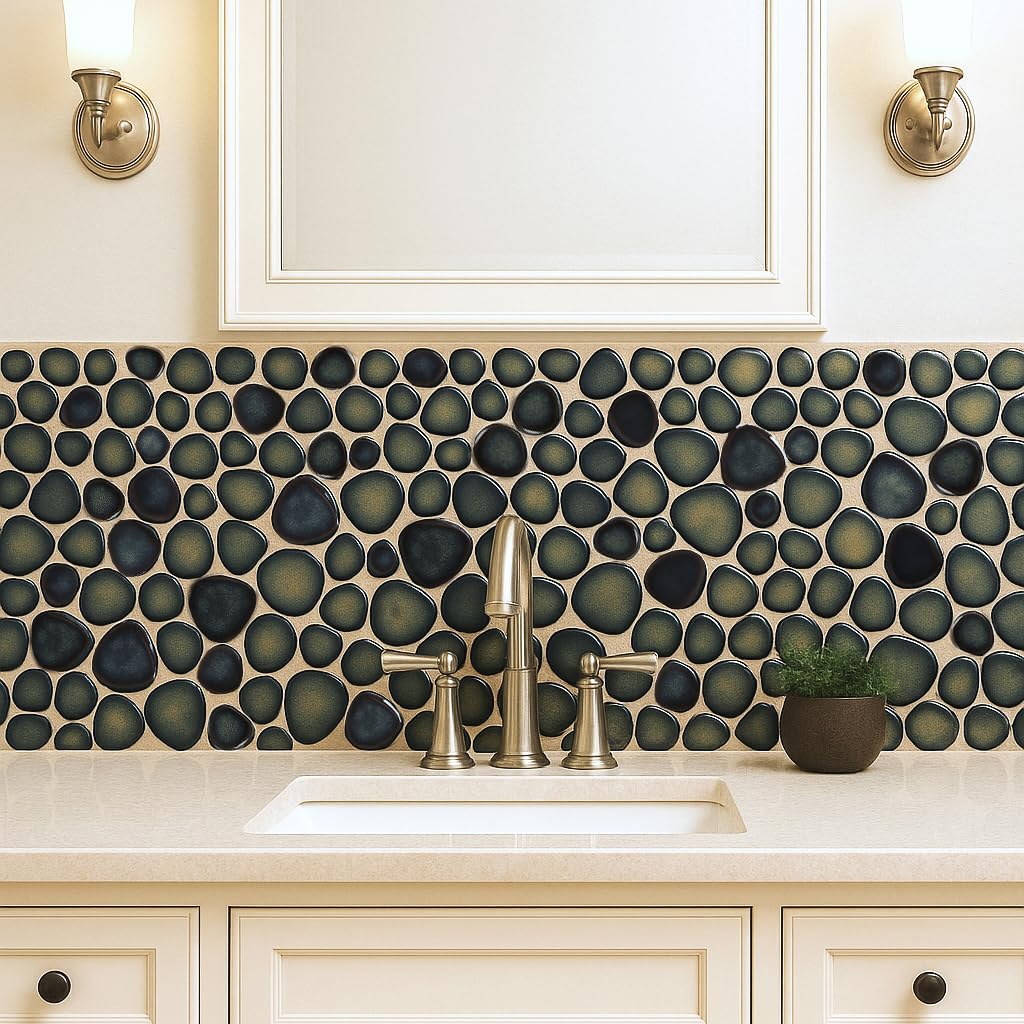 Blujellyfish Pebble Stone Tile for Shower Floor Bathroom Backsplash Accent Wall Gradient Brown Teal Pebble Tiles (5 Sq.Ft)