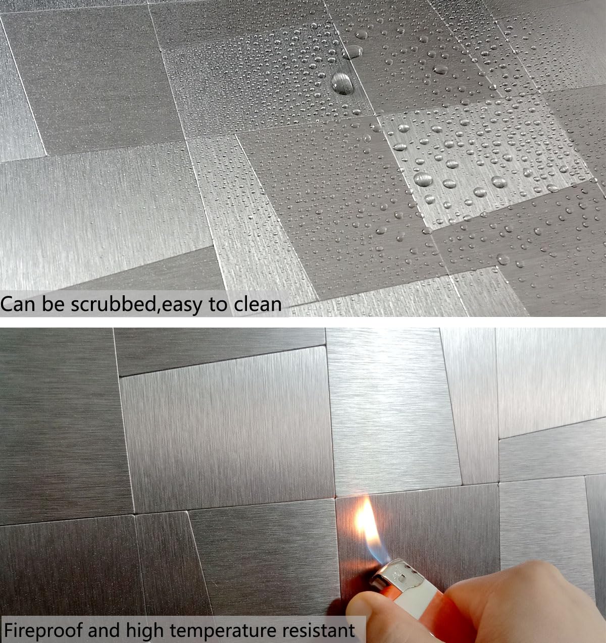 XUANINY 10-Sheet Peel and Stick Metal Backsplash Tiles, Self Adhesive Brushed Aluminum Subway 3D Wall Sticker for Kitchen Bathroom (10, Light Black Brushed)