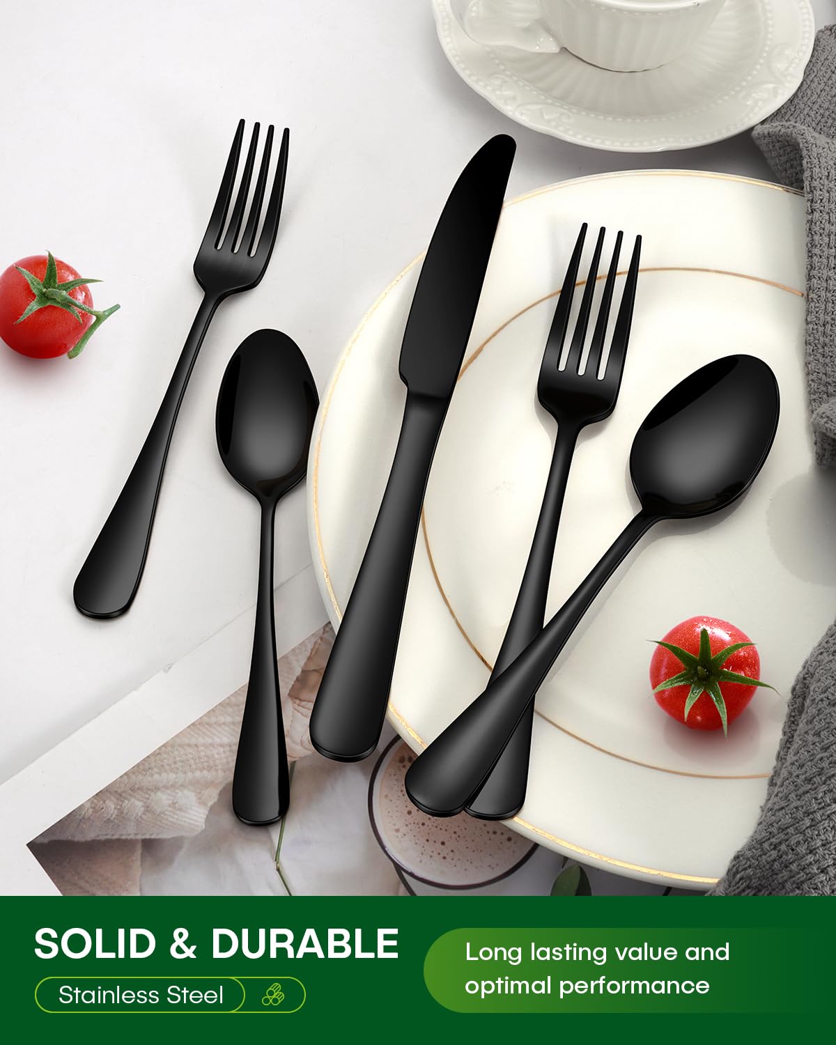 PHILIPALA 20 Piece Black Silverware Set, Stainless Steel Flatware Set for 4 Food Grade Cutlery Utensil Set Include Knife Fork Spoon Mirror Polished Dishwasher Safe