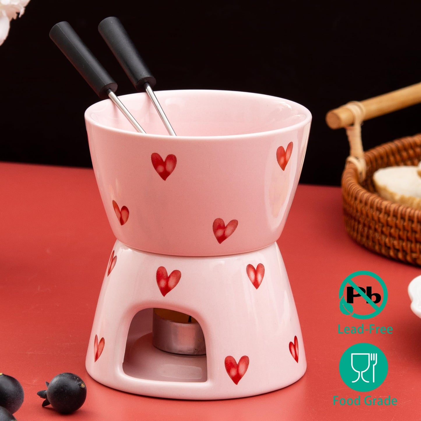 YumiPLUS Sweet Cheese Fondue Cup with 2 Dipping Forks, Ceramic Chocolate Melting Cup Set, Individual Fondue Mug for Dessert, Small Chocolate Melter for Dating/Anniversary/Gift/Valentine (Pink)