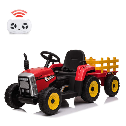 Nasitip 12V Kids Battery Powered Electric Tractor with Trailer, Toddler Ride On Car w/Remote Control/ 7-LED Headlights/ 2+1 Gear Shift/Horn/ MP3 Player/USB Port (RED, 25W/ Tread Tire)
