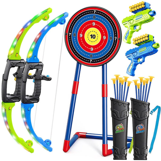 polokping 2 Pack Bow and Arrow Toy for 5 6 7 8 9 10+ Year Old Boys, Ideal Gift for Kids, Indoor Outdoor Shooting Game Toy for Ages 4-8 8-12, LED Light Up Archery Set with 12 Suction Cup Arrows