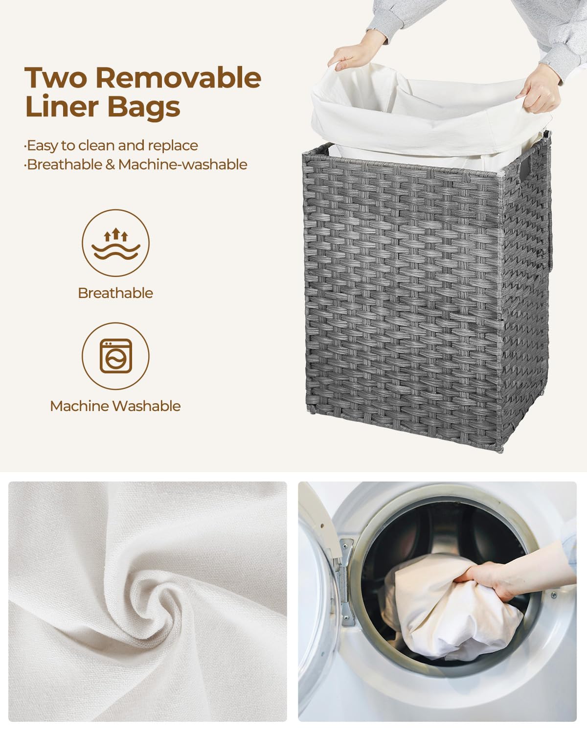 Greenstell Laundry Hamper with Lid, 90L Clothes Hamper with 2 Removable Liner Bags & 2 Mesh Laundry Bags, Handwoven Synthetic Rattan Laundry Basket for Clothes, Toys in Bathroom, Bedroom Grey