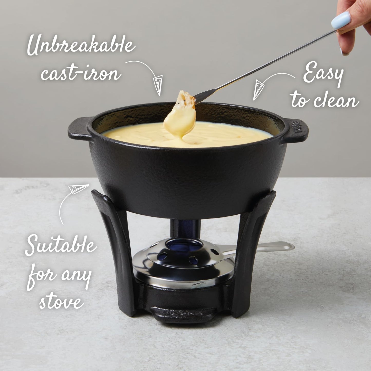 BOSKA Round Cast Iron Fondue Pot Party Pro - Durable inc. Burner and 4 Forks - for All Types of Stoves - Cheese Melts Smoothly Every Time