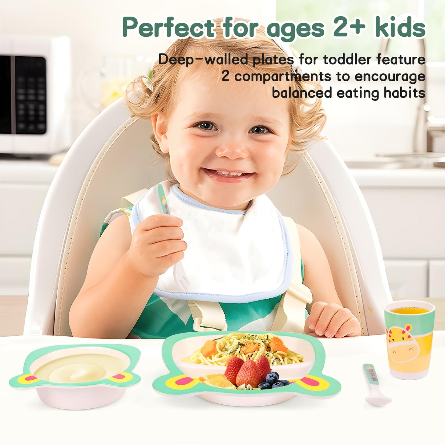 PHEENOWL Kids Dinnerware Set, 5-Pieces Includes Divided Plate Bowl Cup Fork Spoon Utensils, BPA Free Bamboo Fiber Material Perfect for Boy and Girls (Giraffe)