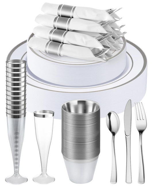 Goodluck 320 PCS Silver Disposable Plastic Dinnerware Set for 40 Guests, Include 40 Dinner Plates, 40 Dessert Plates, 40 Napkins with Silverware, 40 Cups, 40 Champagne Glasses, for Christmas, Wedding