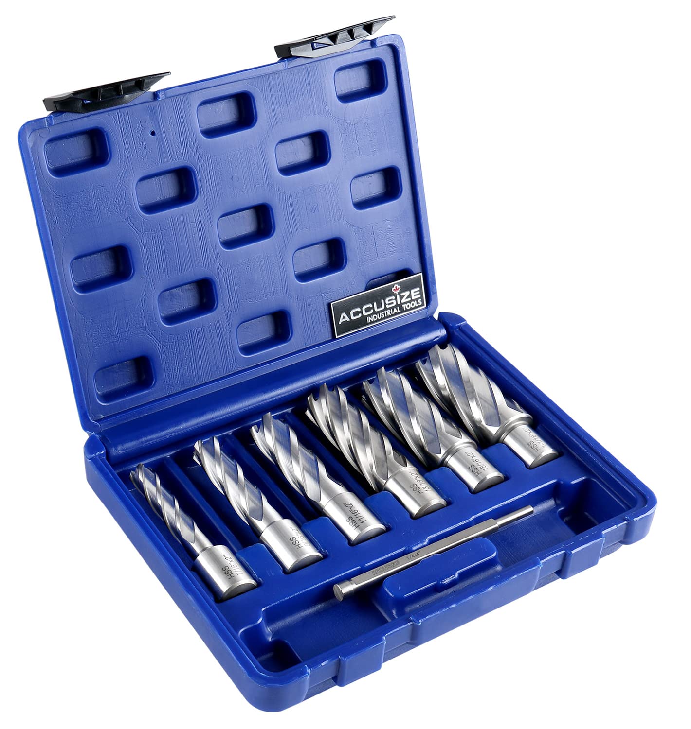 Accusize Industrial Tools H.S.S. Annular Cutter Set, 2'' Cutting Depth, 7/16'' - 1-1/16'' Slugger Cutter, 8 Pcs/Set, HSS2-0000
