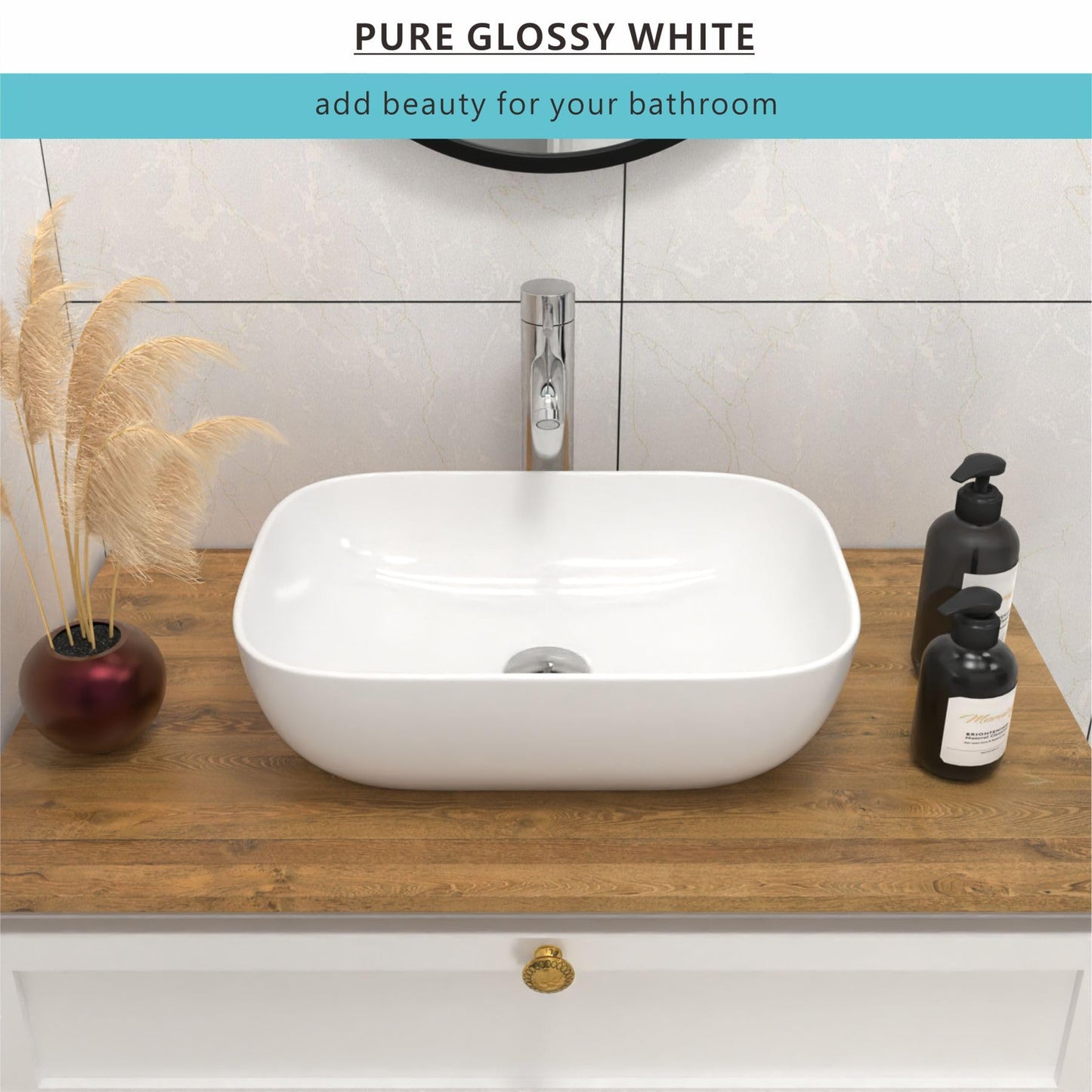 J-FAMILY 18.3'' x 13'' Bathroom Vessel Sink White Porcelain Ceramic Wash Basin Vanity Above Counter Oval Sink Lavatory Art Basin