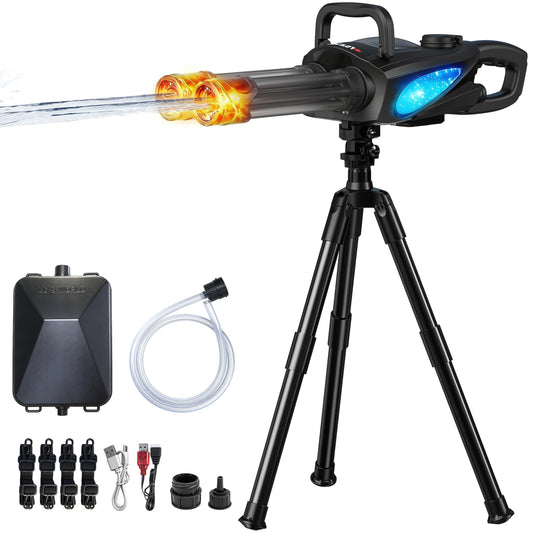 Gatling Electric Water Gun for Kids & Adults - Rotating Double Barrel Squirt Gun with Stand and LED Light, Long Range Automatic Water Guns with Backpack, Outdoor Water Blaster Pistol Pool Party Toys