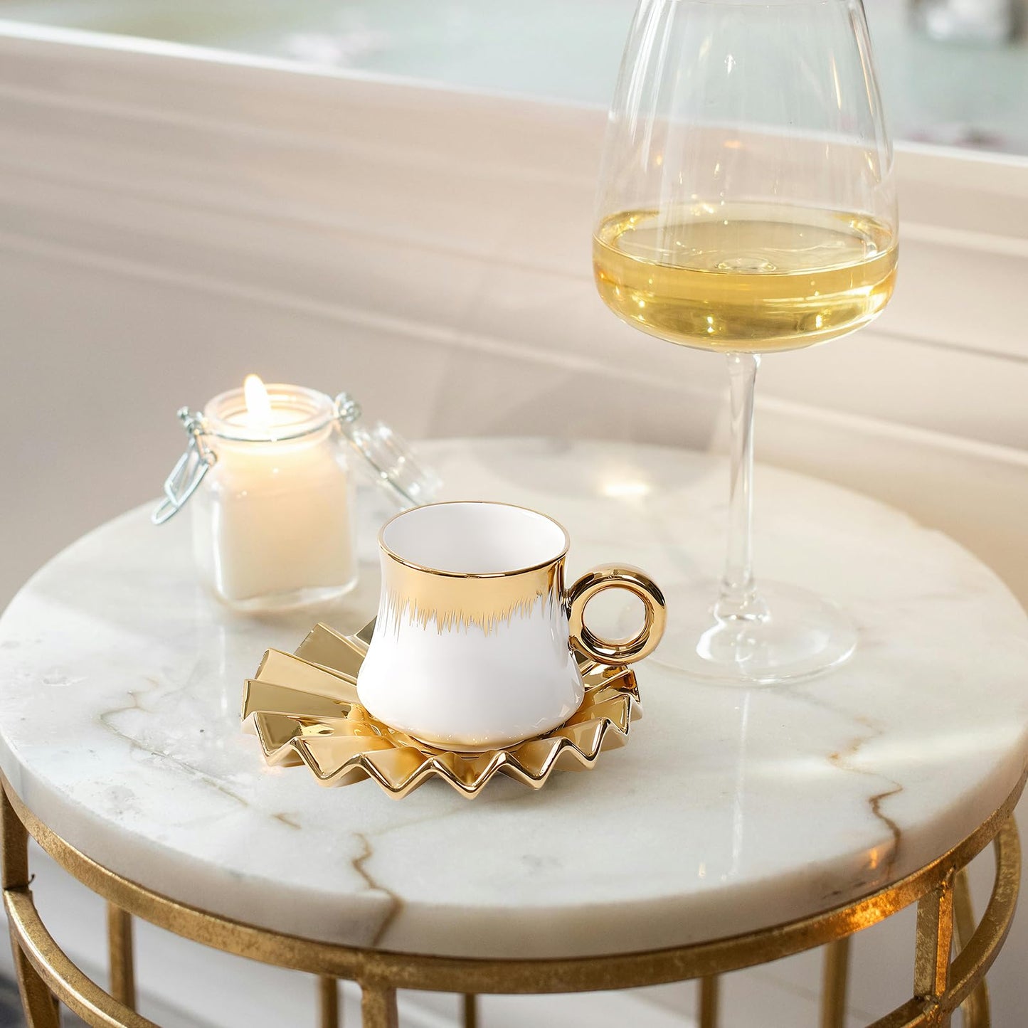 Kytree 3.5oz Ceramic Turkish Coffee Cup Set of 6, Porcelain Espresso Cups and Saucers British Italian Cappuccino Cups with Gold Trim for Double Espresso Cappuccino Latte Mocha Tea (White)