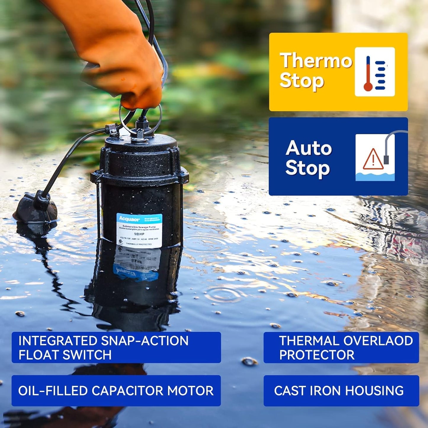 Acquaer 1/2HP Submersible Sewage/Effluent Pump, 6000 GPH, Cast Iron, Automatic Tethered Float Switch, 115V Sump Pump for Sump Basin, Residential Sewage, Basement, 2'' NPT Discharge