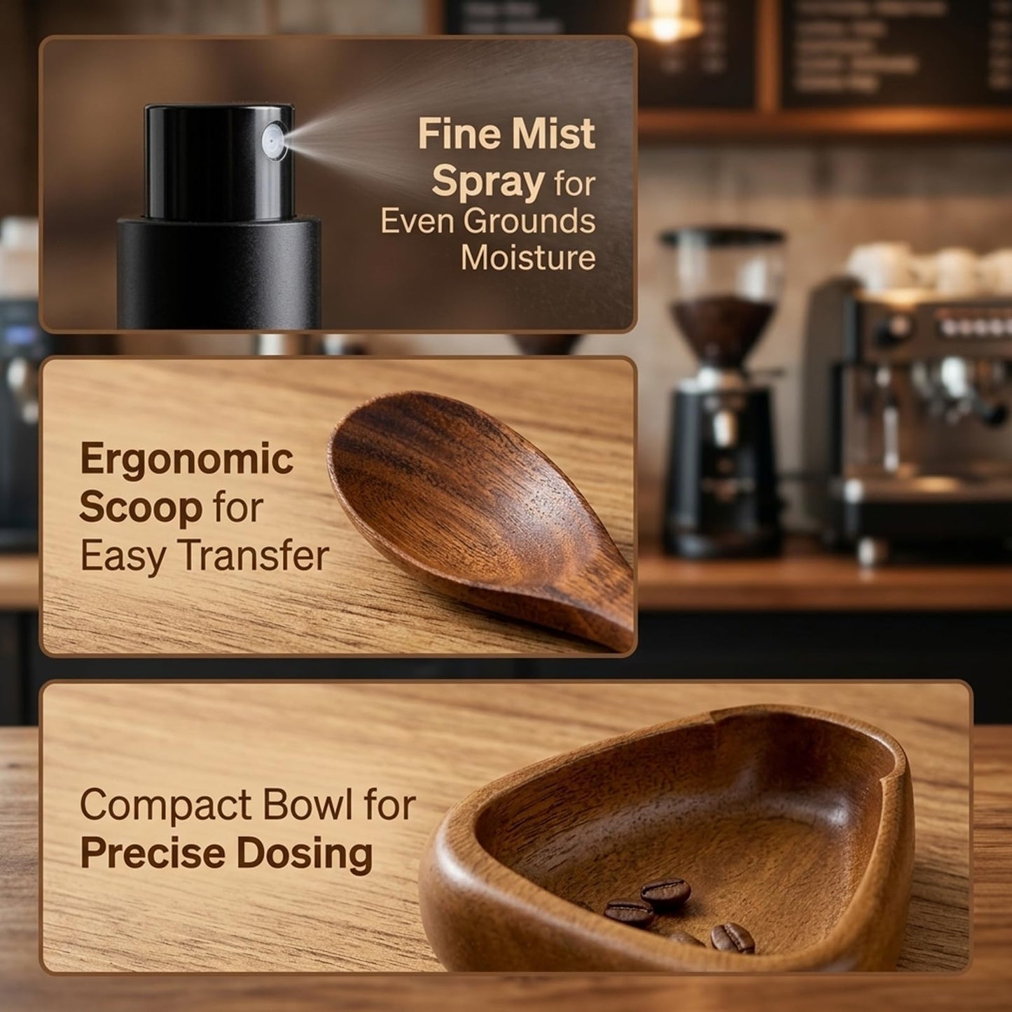 3PCS Coffee Dosing Cup, Wooden Coffee Dosing Set with Black Sprayer and Scale, Grounds Measurement for Espresso Machines and Manual Brewing, Coffee Bean Dosing Cup and Accessories