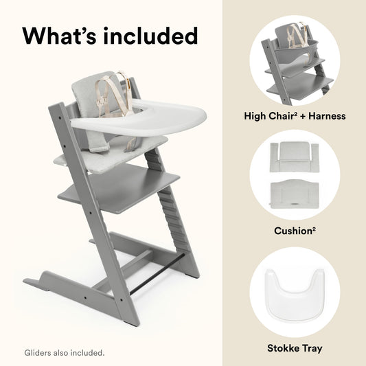 Stokke Tripp Trapp High Chair 2 (Storm Grey), Cushion 2 (Nordic Grey) + Stokke Tray (White) - Includes Chair + Baby Set 2 with Removable Harness for Children 6-36 Months