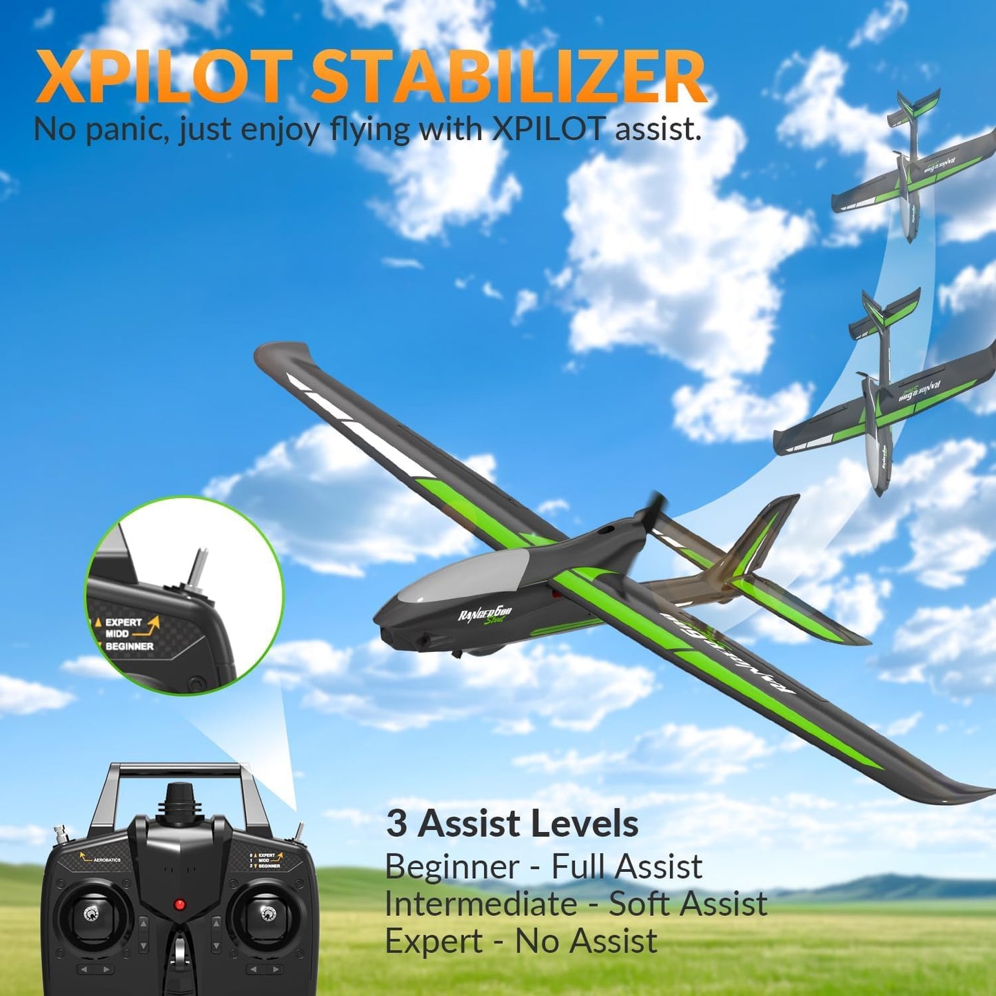 volantexrc RC Plane, 4CH Remote Control Glider Airplane RTF with 6-Axis Gyro, 3 Modes & Aerobatics Easy to Fly, 2.4GHz Radio Controlled Aircraft for Beginners& Adults, Ranger600 Stunt, Black