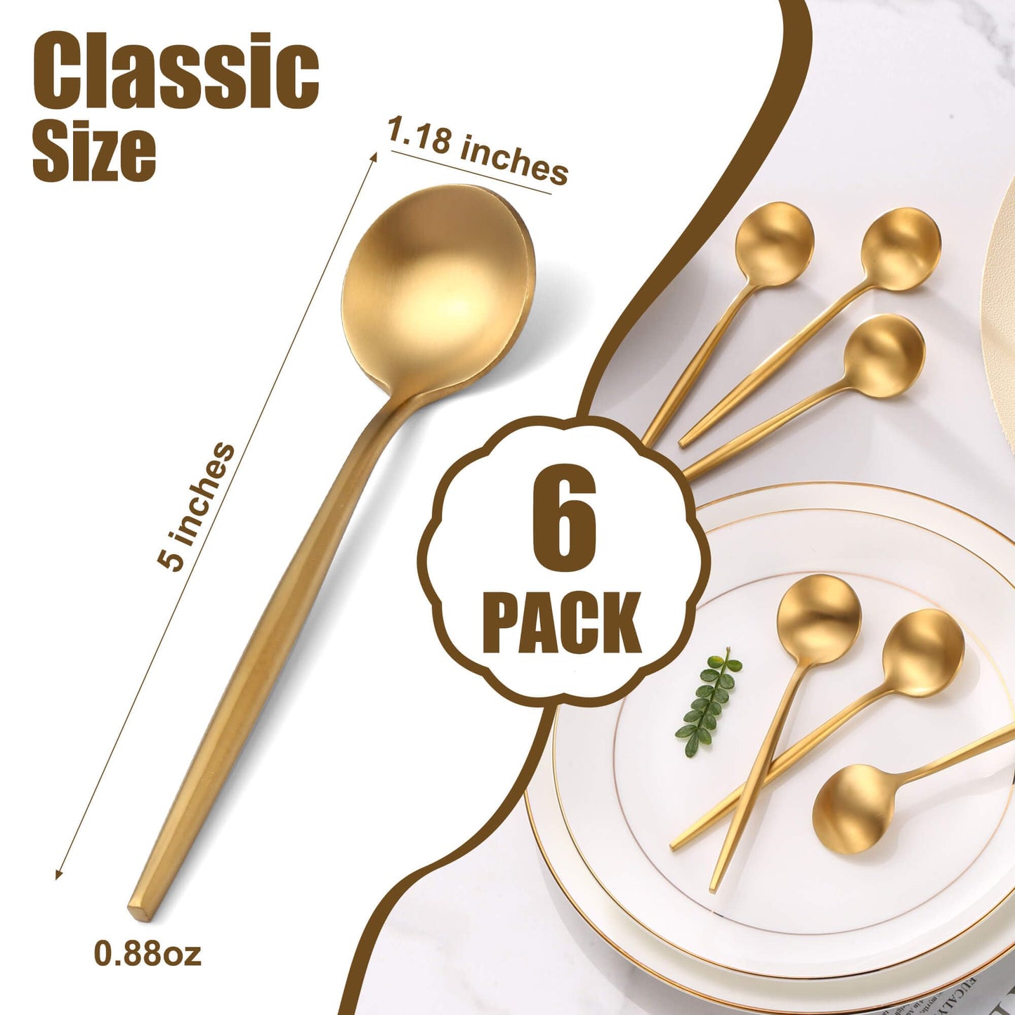 Gold Coffee Spoons Set,Stainless Steel Teaspoons of 6,Espresso Spoons 5.11 inch,Demitasse Dessert Scoop,Small Tea Scoop Mini for Stirring,Matte Finish,Dishwasher Safe