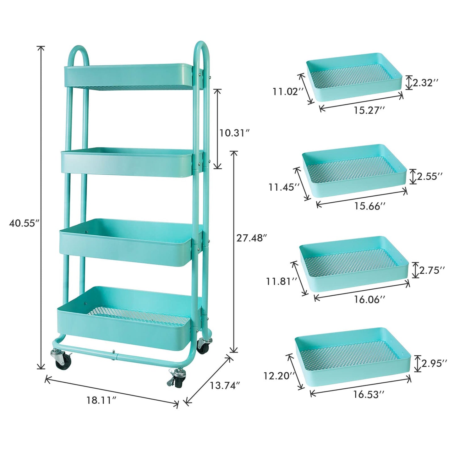 elabo 4-Tier Metal Mesh Utility Rolling Cart, Storage Organizer Trolley Services Cart with Lockable Wheels for Kitchen, Bathroom, Living Room (Blue)