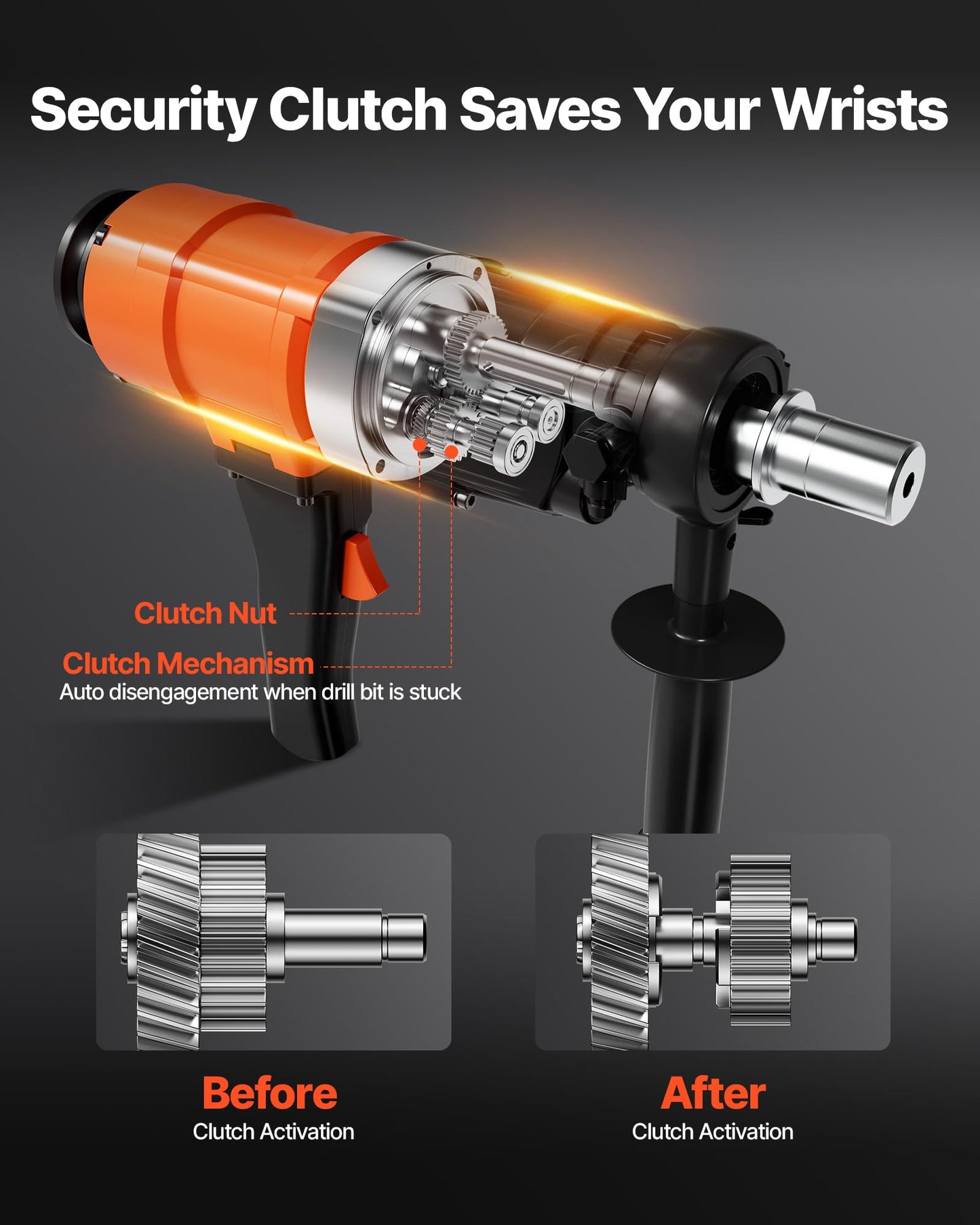 VEVOR Diamond Core Drilling Machine, 8 in Drilling Diameter, Handheld Dry and Wet Concrete Core Drill Rig with 4 Drill Bits, 1075/2300 RPM 2-Speed, UNC1 1/4-7 Thread, for Concrete Brick Stone, 1800W