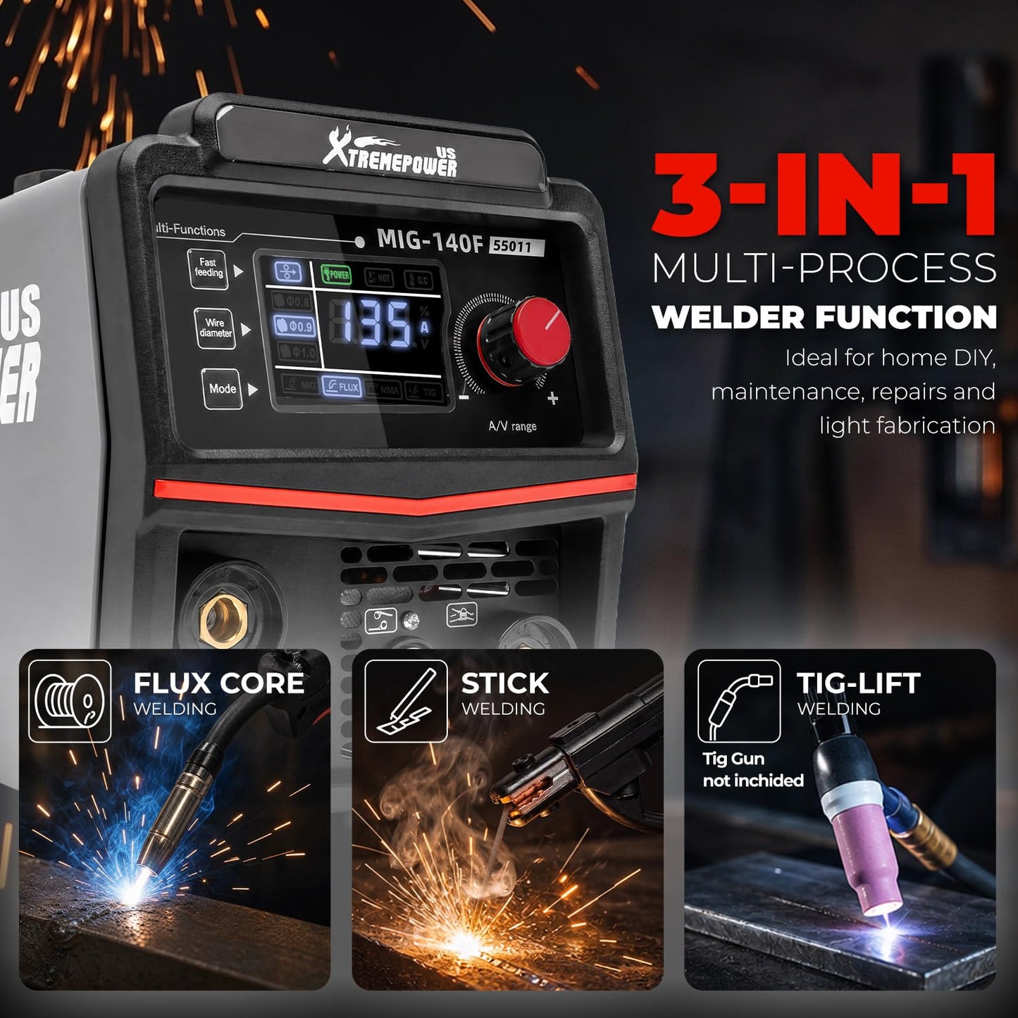 XtremepowerUS 3-in-1 MIG Welder 135Amp,110V Flux Core Welder Flux Core MIG/Lift TIG/Stick Large LED Digital Display Welding Machine Gasless Welder IGBT FLUX