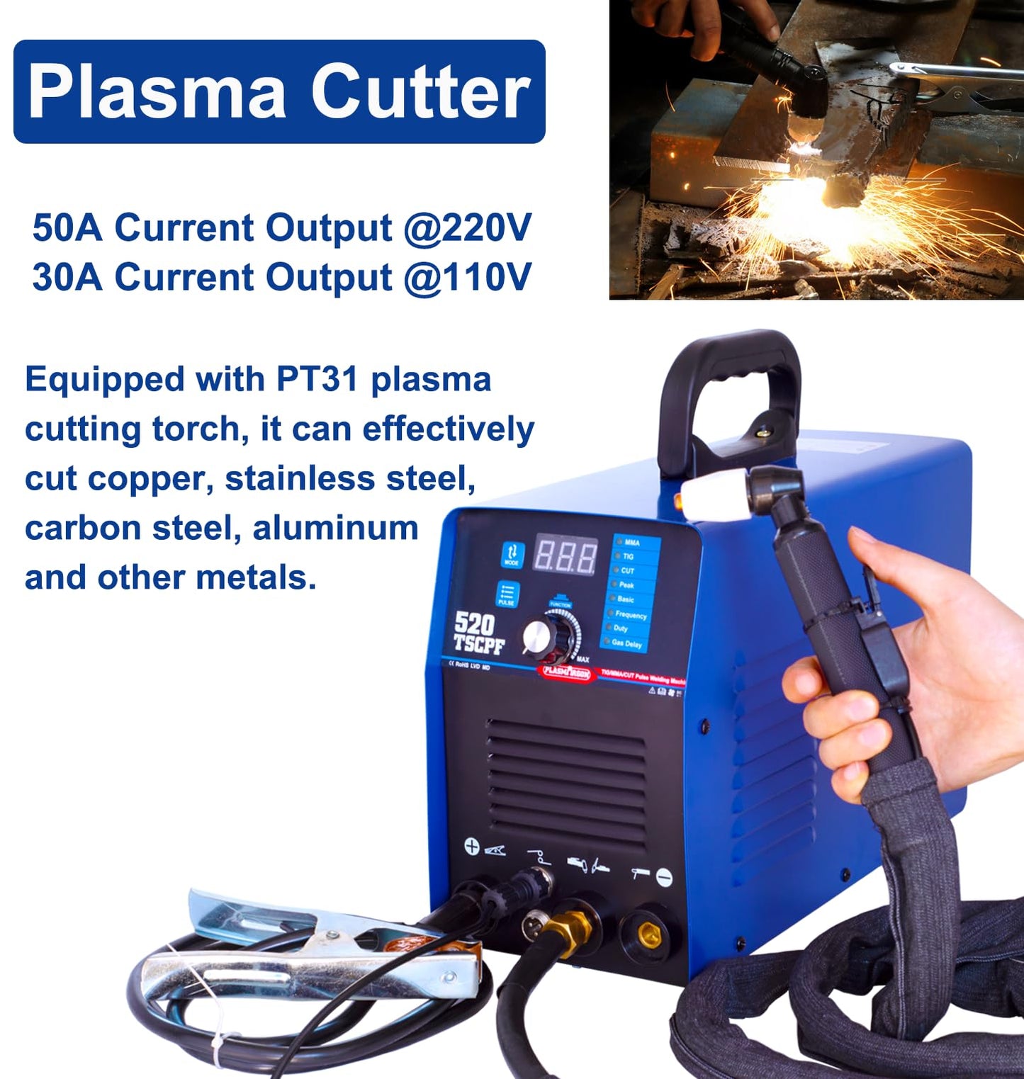 Plasma Cutter TIG Welder With PULSE Stick Welder Machine 520TSCPF Plasma Cutter Welder Combo 200A TIG/ARC Welding 50A Air Plasma Cutting Dual Voltage 110/220V 1/2" Clean Cut Upgrade Digital Panel