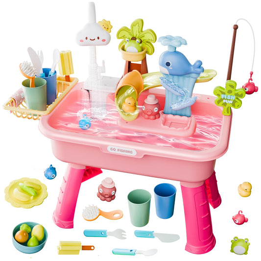 MeXYZ 2026 Upgraded Water Table for Toddler 3+, Kids Mini Play Sink Toys with Running Water & Electric Pump, Kitchen Sink Sensory Toy, Fishing Game Outdoor Water Play Table for Kids Ages 4-8, Pink