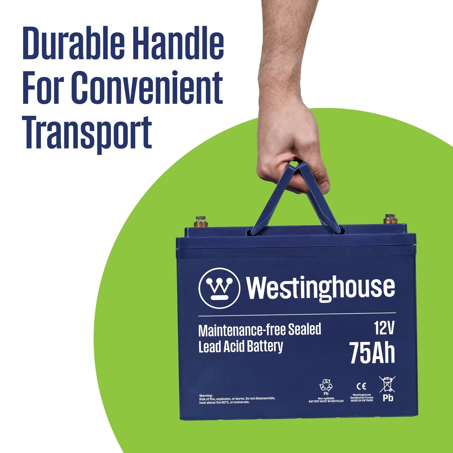 Westinghouse Sump Pump Battery Backup – 12V 75Ah Maintenance-Free AGM Sealed Lead Acid Battery for Basement Sump Pump Backup Systems