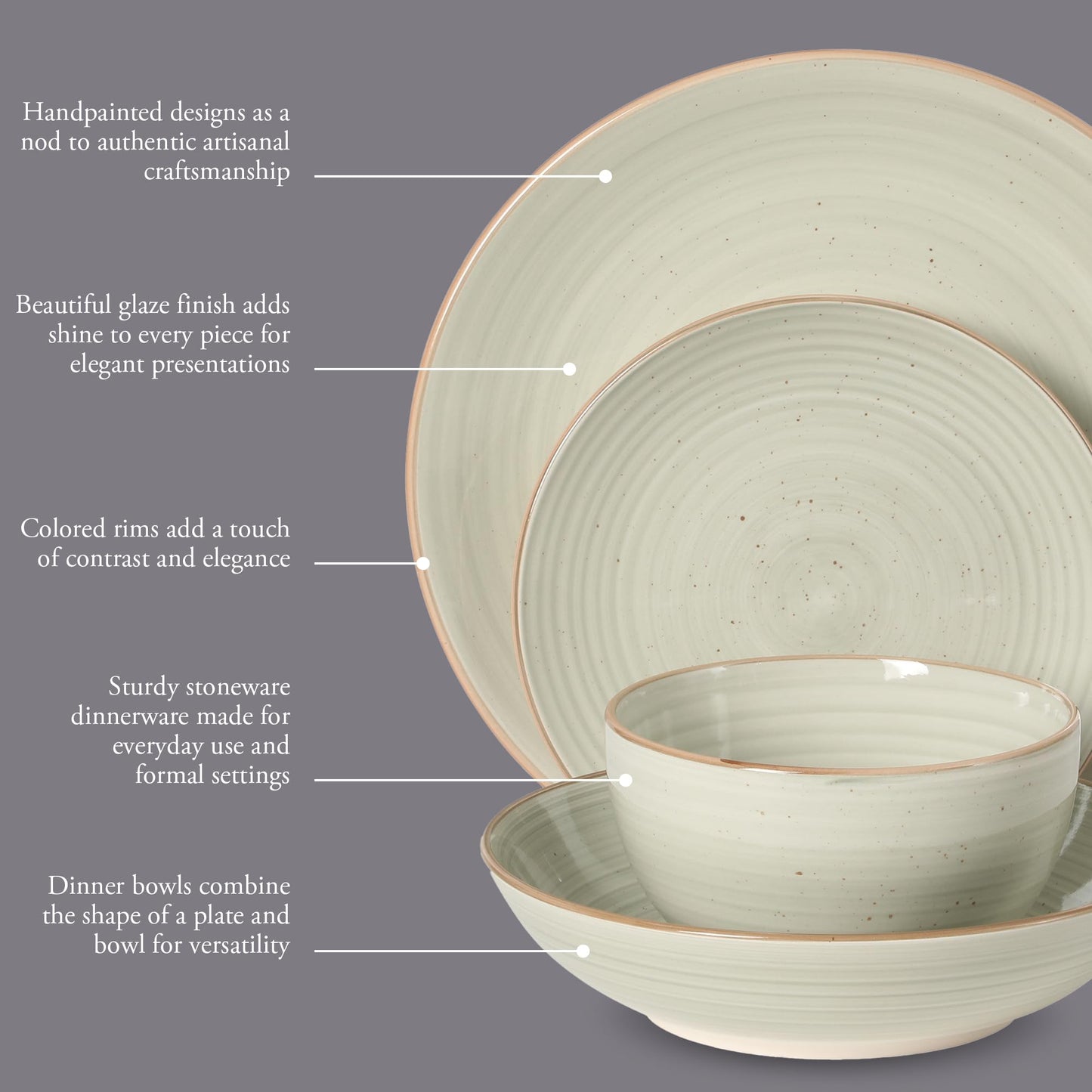 Gibson Home Stonebury 16 Piece Plates and Bowls Cream Grey Dishes - Handpainted Stoneware Dinnerware Set - Service for 4