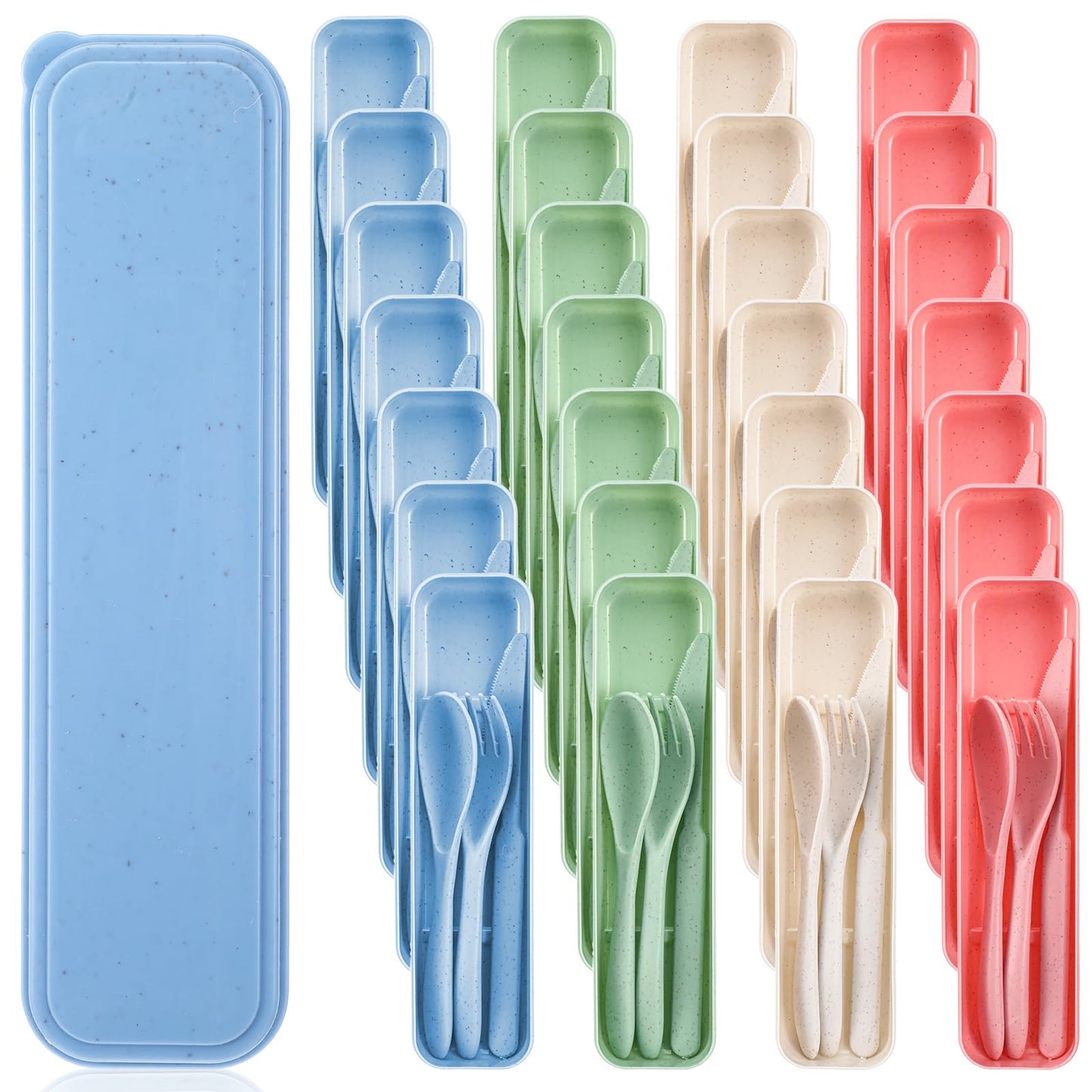 Reusable Utensils Set with Case, 28 Sets Wheat Straw Lunch Utensil Set, Portable Spoon Fork Knife Cutlery for Travel Camping Picnic Office Bento Box, Eco-Friendly BPA Free Tableware