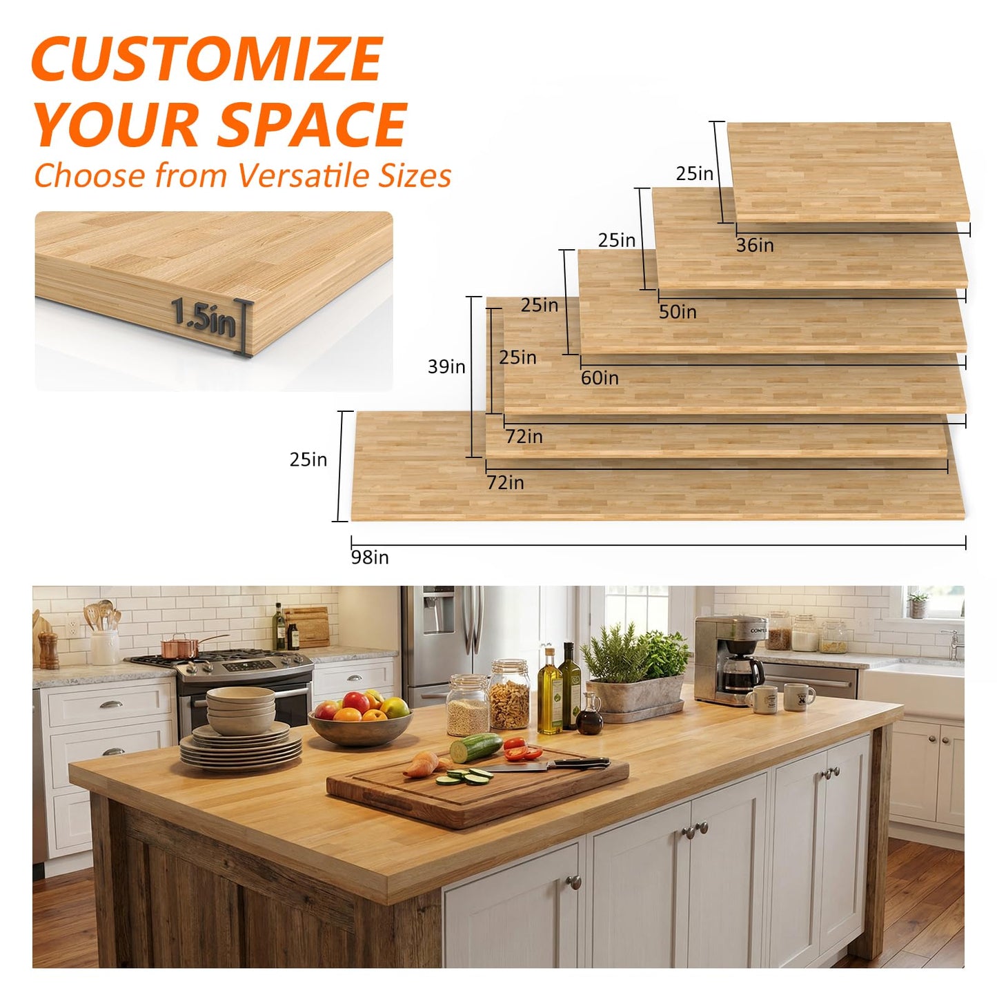 Solid Wood Butcher Block Countertop - 5ft Unfinished Birch Slab Counter Top Wooden Table Desk Top for DIY Kitchen Island, Workbench, Washer Dryer, Coffee Bar Table，60"x25"x1.5"
