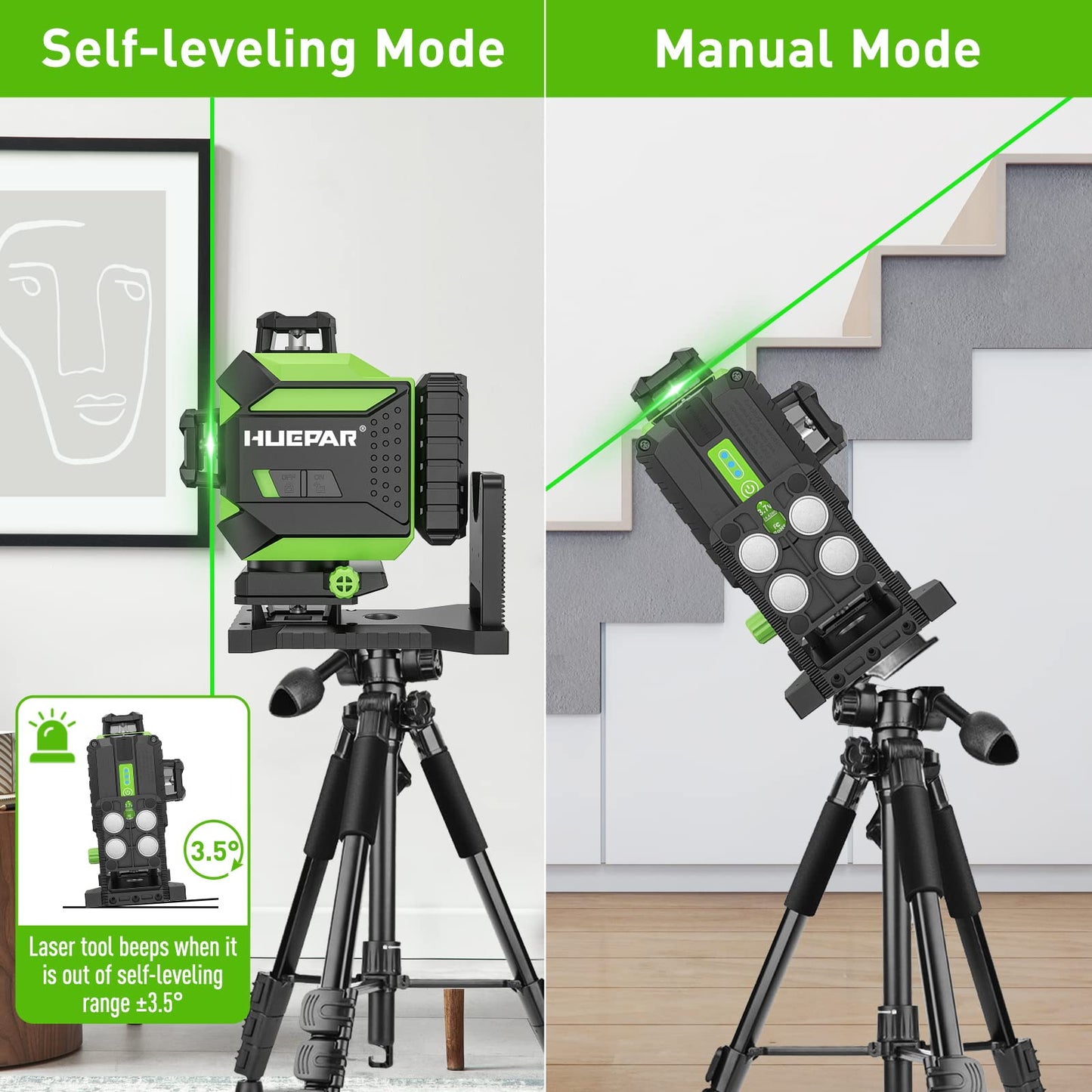 Huepar 4 x 360 Laser Level Self-leveling 4D Green Beam Cross Line 16 Lines Tiling Floor Laser Tool - 2 x 360 Horizontal/Vertical Laser Lines -rechargeable & Integrated Magnetic Bracket 704CG