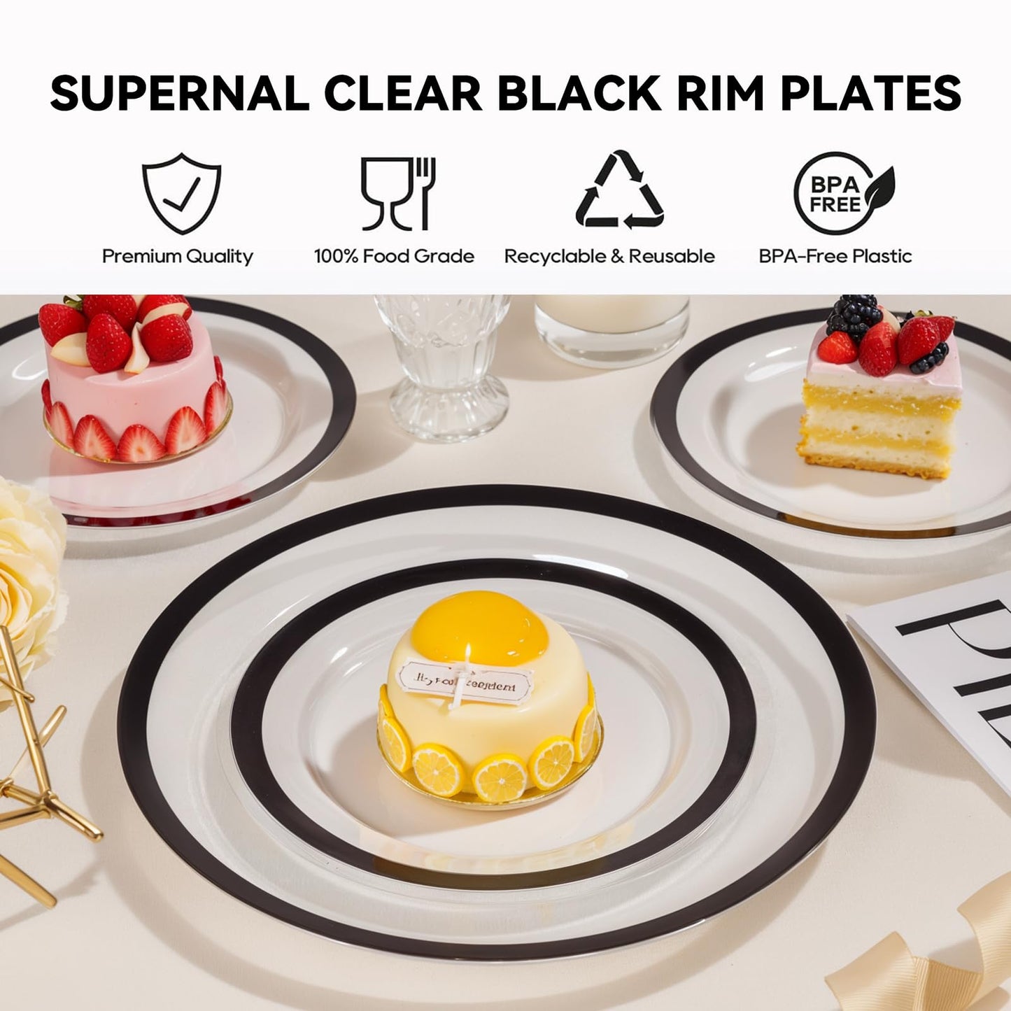 supernal 120PCS Black Rimmed Clear Plastic Plates, Heavy Duty Disposable Dinnerware Set - 60 Dinner & 60 Dessert Plates for 2026 Graduation Party, Black and White Wedding Reception & Elegant Catering