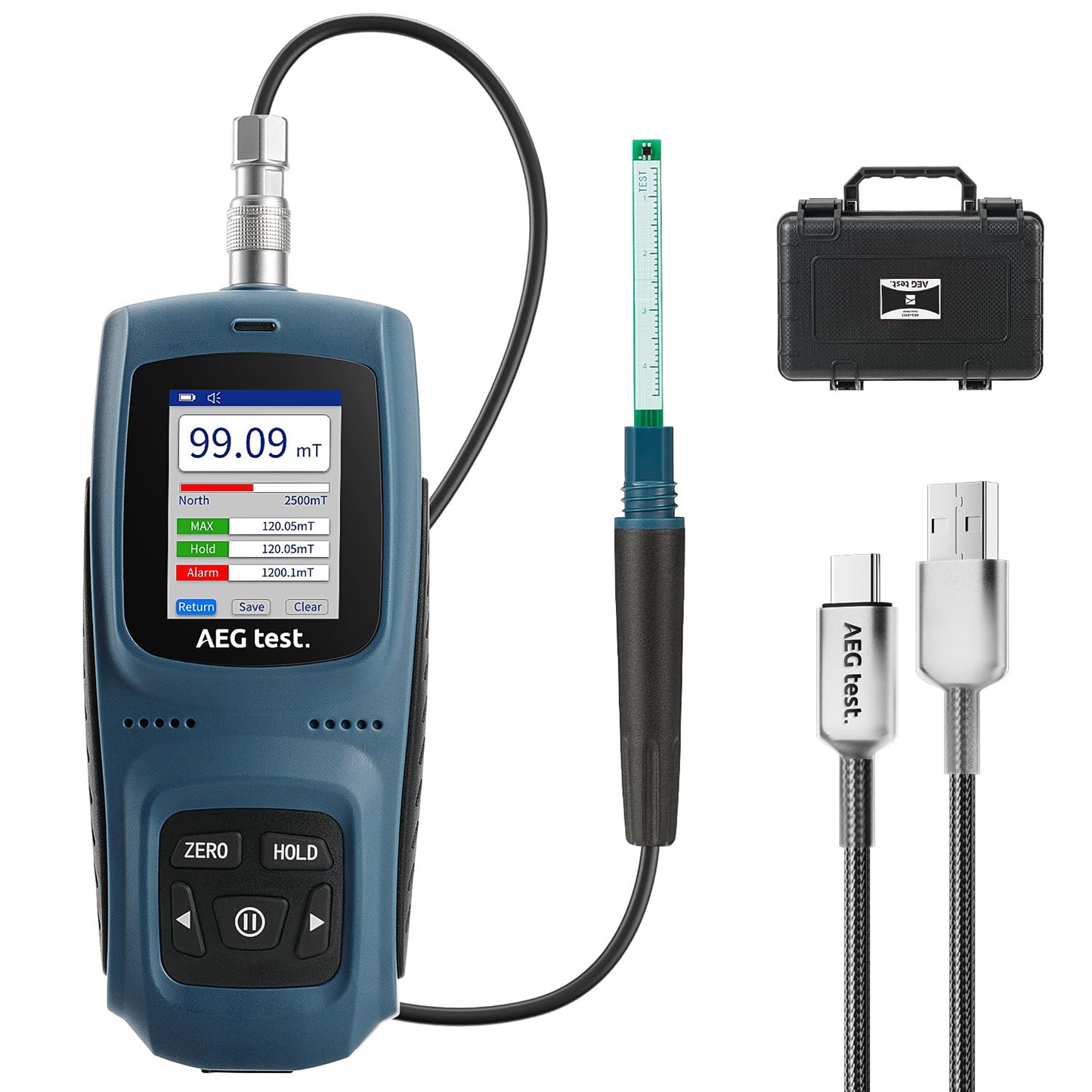 AEGTEST 8103 Gauss Meter, Rechargeable Tesla Meter 0-2500mT, Transverse Probe, Magnetometer with Data Logging and Alarm, Magnetic Field Strength, ±1% Lab-Grade Precision for Research, Calibration