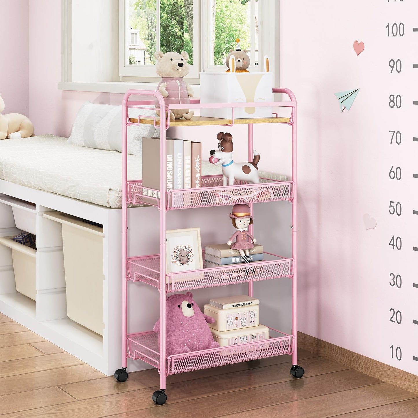 TOOLF 4-Tier Rolling Cart, Metal Utility Cart, Slide Out Storage Cart with Wooden Tabletop and Mesh Baskets, Easy Assemble Trolley for Kitchen Bathroom Laundry Room Bedroom Apartments Dormitory