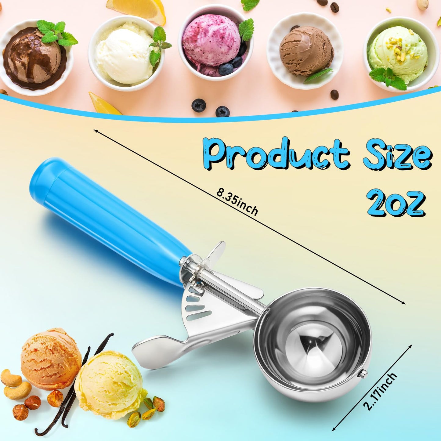 Reallnaive 2 Pcs Release Cookie Scoops Ice Cream Scooper with Trigger Release Portion Scoop Stainless Steel for Portion Control, Baking Food, Cookie Dough (2 oz,Blue)