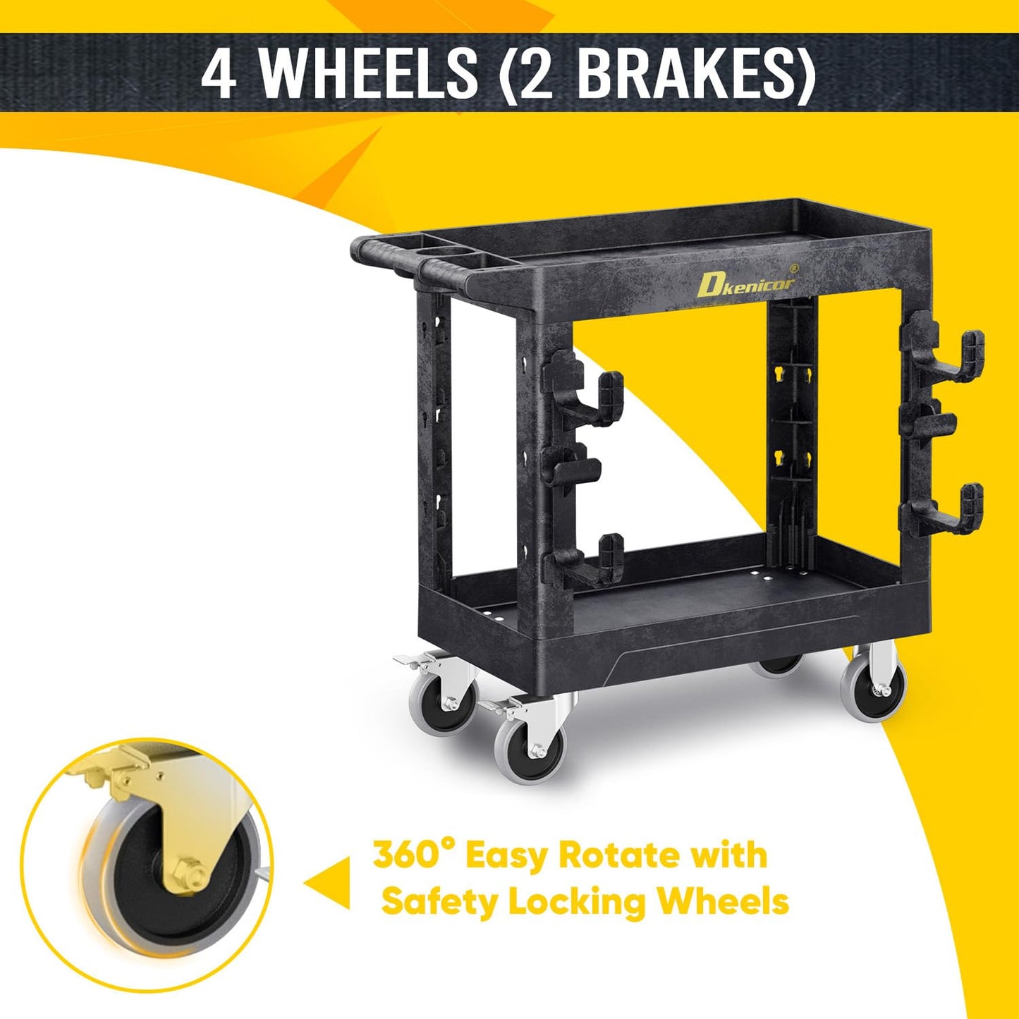 Heavy Duty Plastic Utility Cart 850Lbs, 34" x 17" Rolling Work Cart with Wheels - 2 Tier Service Cart for Warehouse/Garage/Garden - Upgraded 2 Side Tube Hooks, 360° Swivel Lockable Wheels