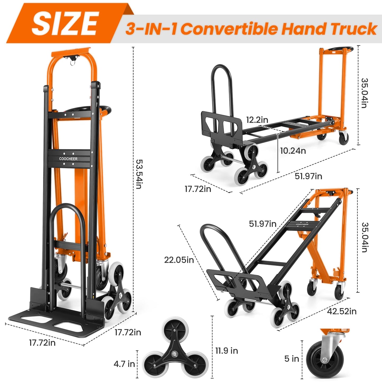 Heavy Duty Stair Climbing Hand Truck - 1000 LBS Capacity 4-in-1 Convertible Dolly Cart, Foldable Platform Utility Cart for Moving Boxes, Industrial Grade Steel Construction(Orange)