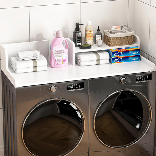 BREENHILL Washer Dryer Countertop with Open Storage Shelf & Raised Edge Guard, Laundry Countertop Over Washer Dryer, Non-Slip Heavy Duty Wood Topper for Front Load Machines, White