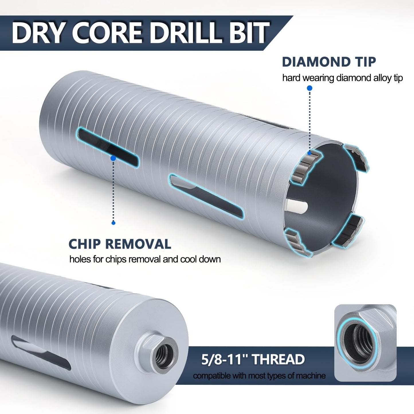 6-1/2 inch Diamond Dry Core Drill Bit, 10" Drilling Depth, 5/8"-11 Thread Core Drill Bit for Concrete Masonry Brick Block, Includes 3 Adapters SDS Plus, SDS Max and Hex (6-1/2 inch)