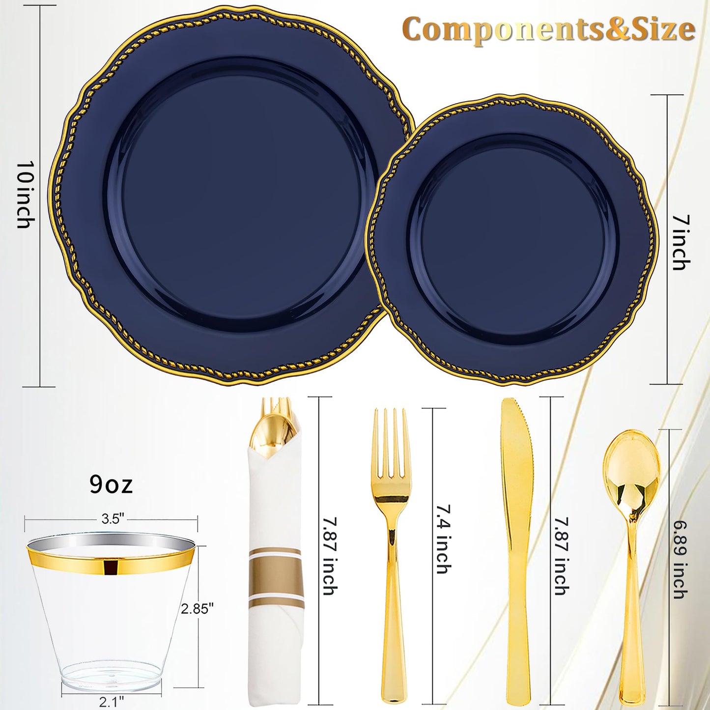 Hioasis 350pcs Blue and gold Plastic Plates - Blue Plastic Dinnerware Set Includes 50 Dinner Plates, 50 Dessert Dinnerware, 50 Cups, 50 Rolled Napkin Cutlery Perfect for Wedding