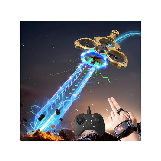 Virellia Upgraded Flying Sword RC Drone with Colorful LED Lights, ABS Metal Remote Control Airplane with Hand Gesture & Smart Watch Control, 3 Speed Modes & Stunt Drone for Kids Adults, Upgraded Gold