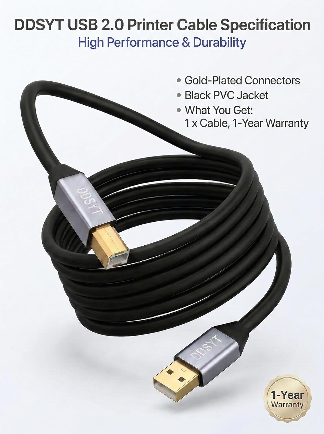 DDSYT 30 2.0 Setup FT USB Printer Cable Gold Plated USB A to B Cord for Long Distance Home Office Compatible with HP