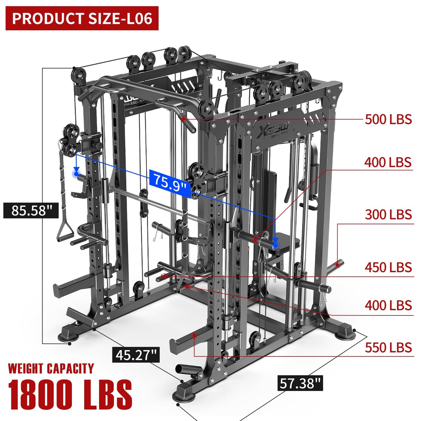 Multi-Purpose Squat Rack,Smith Machine Weight Rack Set with Cable Crossover System, Home Gym Power Racks, Power Racks and Packages (L06 two users, Power cage Black+bench+Cast lron 184LBS)