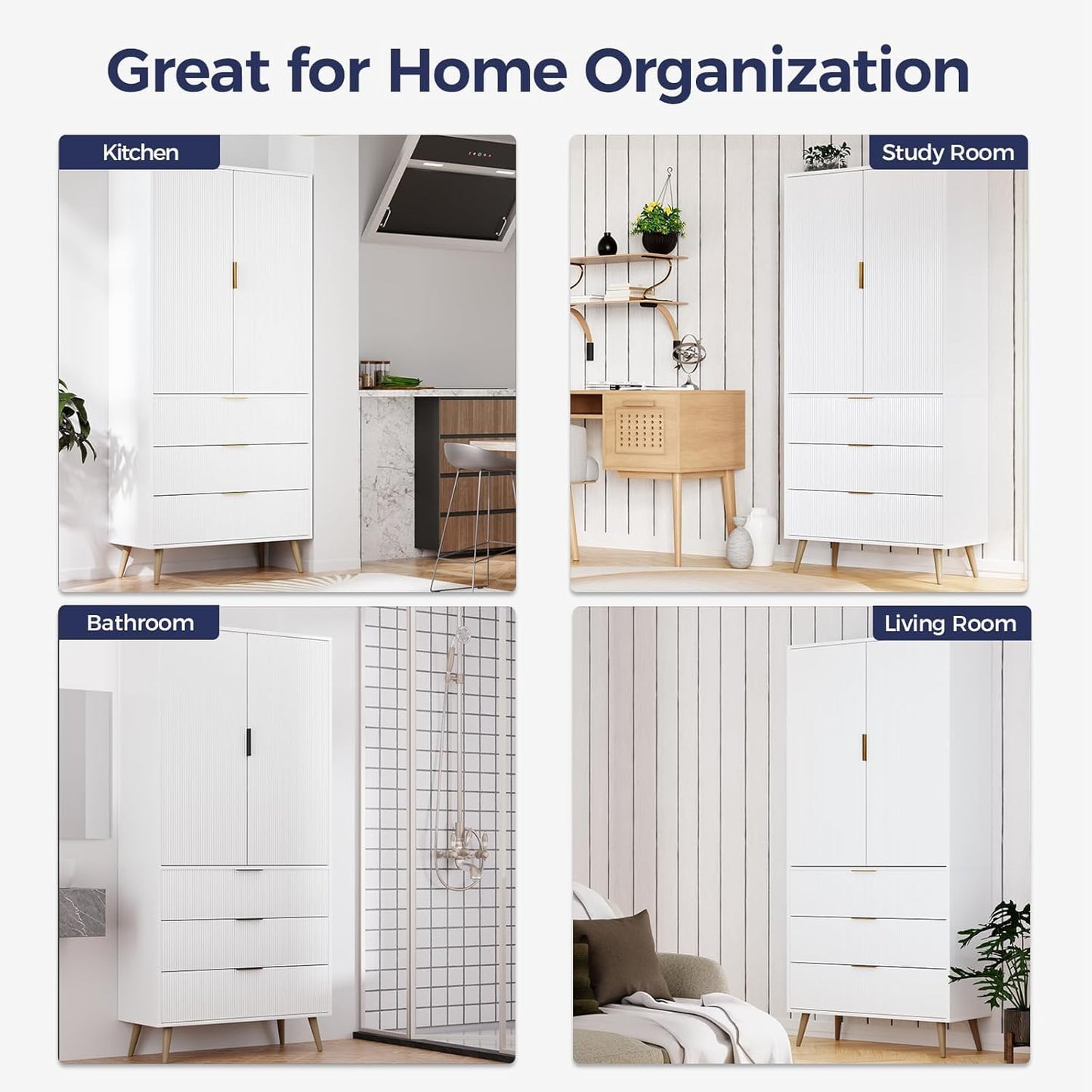Topcomfy Tall Fluted Cabinet, Kitchen Pantry Cabinet with 2 Doors & Adjustable Shelves, Mid Century Modern Cabinet for Living Room, Dining Room, Entryway, Office, White
